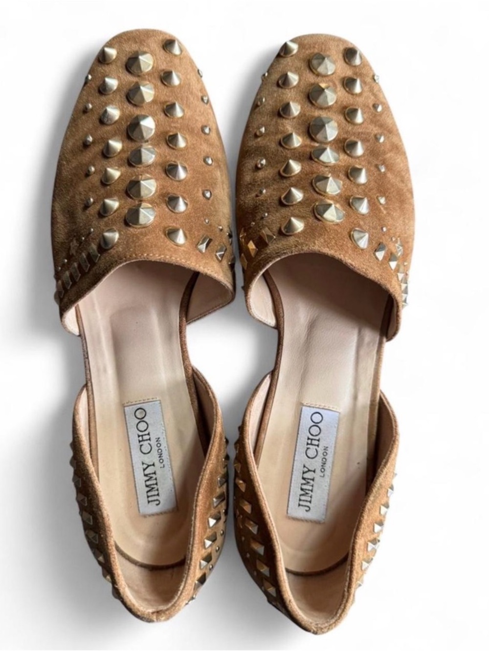 Jimmy Choo Studded Suede Mules Tan Leather Flats Pointed Toe Loafer 8.5 Edgy